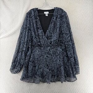 Avenue Top Black Blue Floral‎ Silk Blouse Babydoll Plus Size 26/28 Long Sleeve
